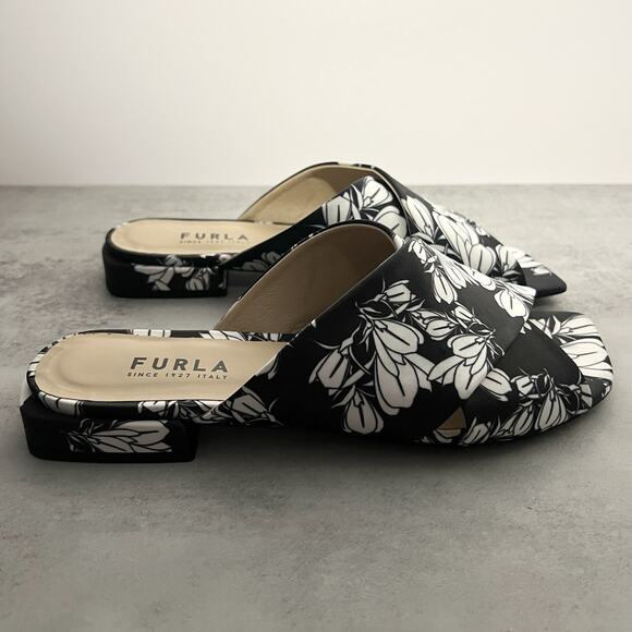 Furla Floral Satin Slides Botanical Print Italian Low Block Heel Resort US 8.5 - Picture 11 of 12